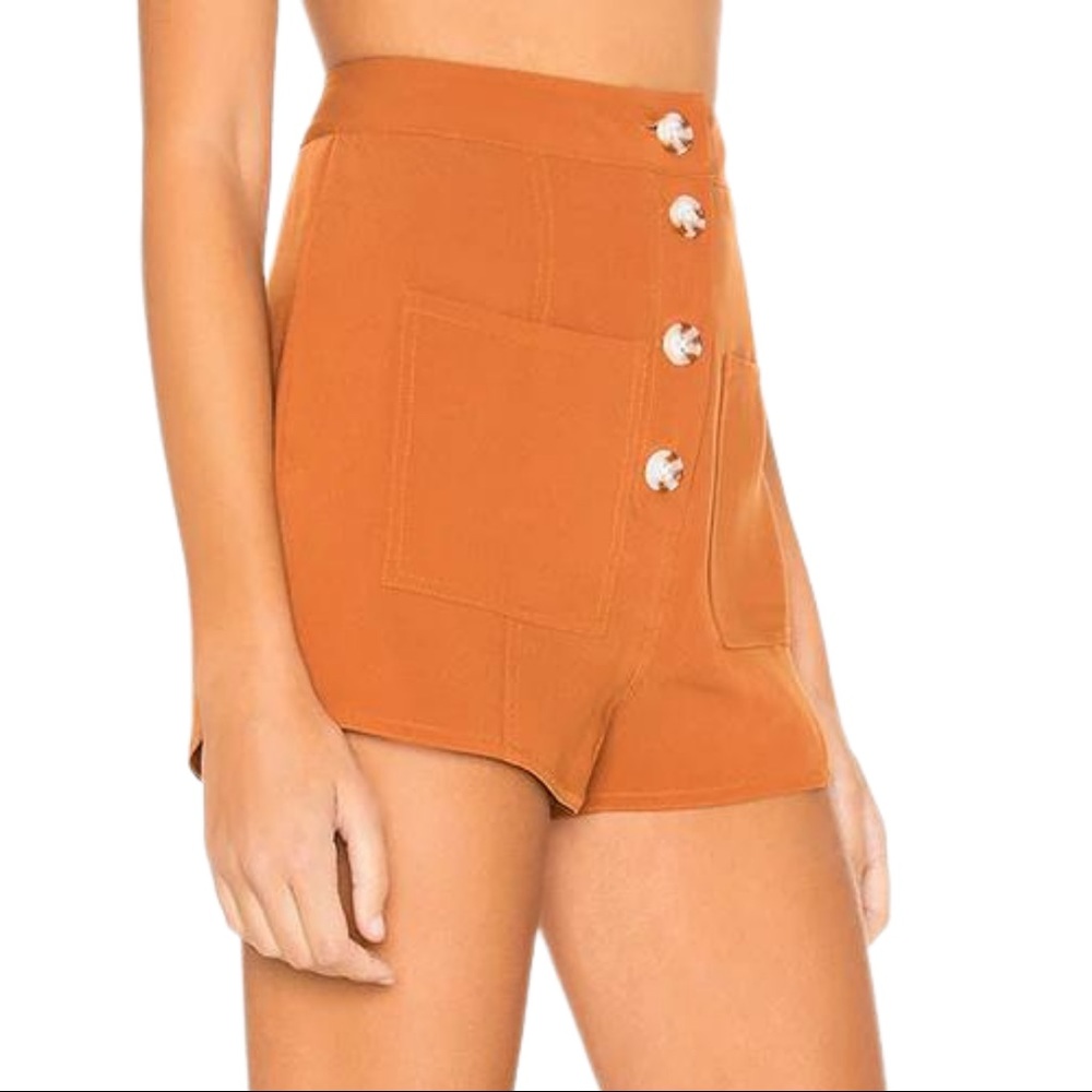 Tularosa Tate Shorts in Rust Burnt Orange High Waist Button Front Silky Shorts - Picture 6 of 15